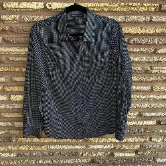 Tommy Hilfiger Navy Blue White Polka Dot Button Front Cotton Shirt - Picture 1 of 6